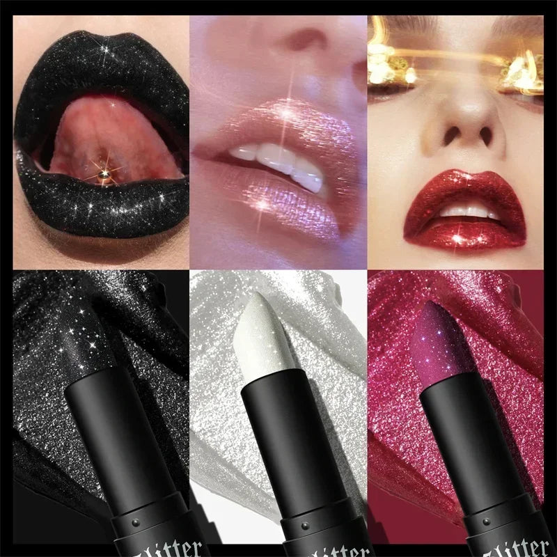 Waterproof Glitter Lipstick 7 Color Moisturizing Long Lasting Non-stick Cup Black Diamond Lipsticks Sexy Shimmer Solid Lip Gloss